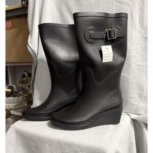 Henry Ferrera Black Wedge with Buckle Pull‎ On Rain Boots Women's US size 7